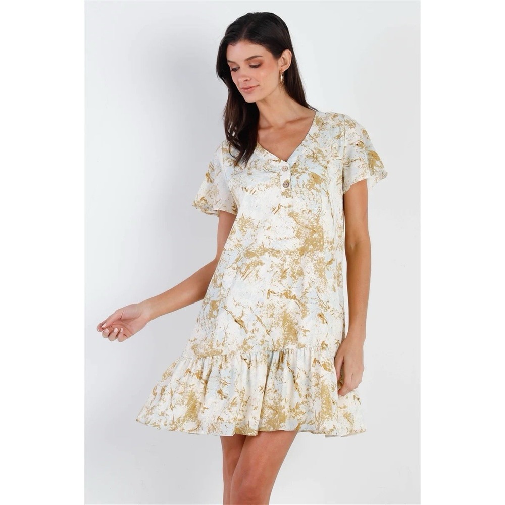 Saint &‎ Hearts Dress Color Paint Print Ruffle Hem Button Up Detail Mini Small